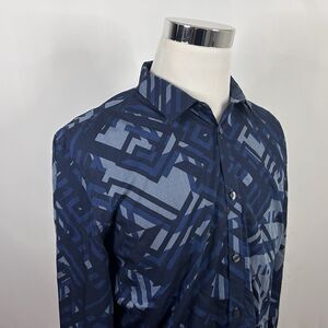 Calvin Klein Large Slim Fit Casual Shirt Geometric Print Blue Gray Cotton